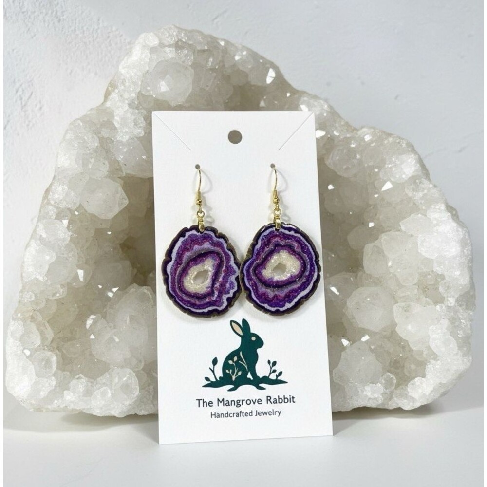 LG Faux Amethyst Geode Slice Polymer Clay Handmade Dangle Earrings SS Ear Wires